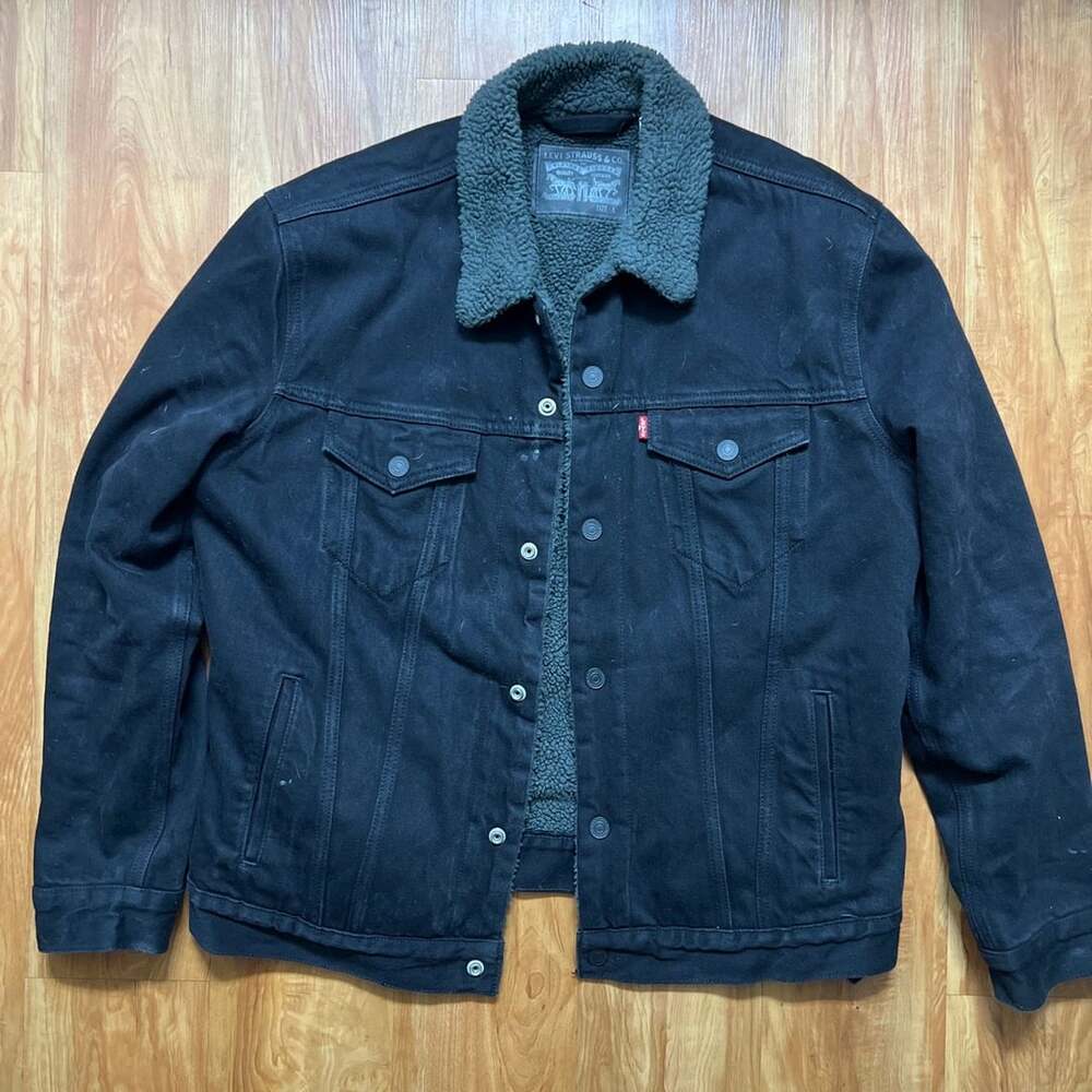Levi's Sherpa Trucker Jacket Size L Black Denim Fleece Lined